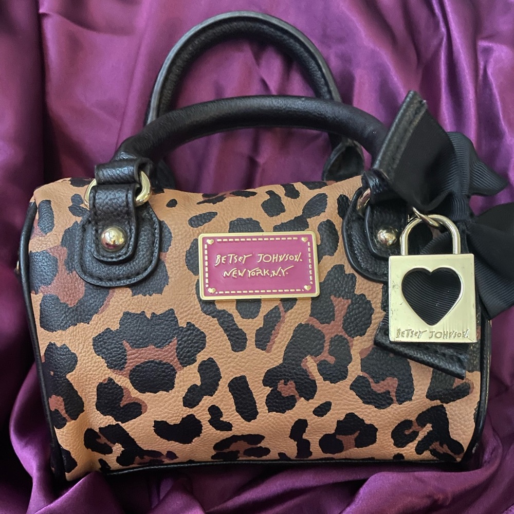 Betsey Johnson Mini Satchel Purse Animal Print Gold Lock Purse Charm